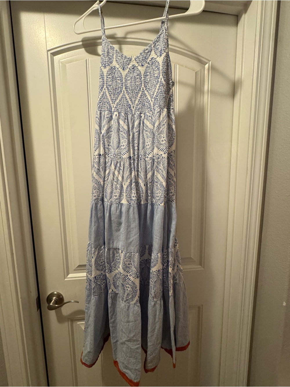 THML Blue and White Printed Tiered Maxi Dress with Orange Hem